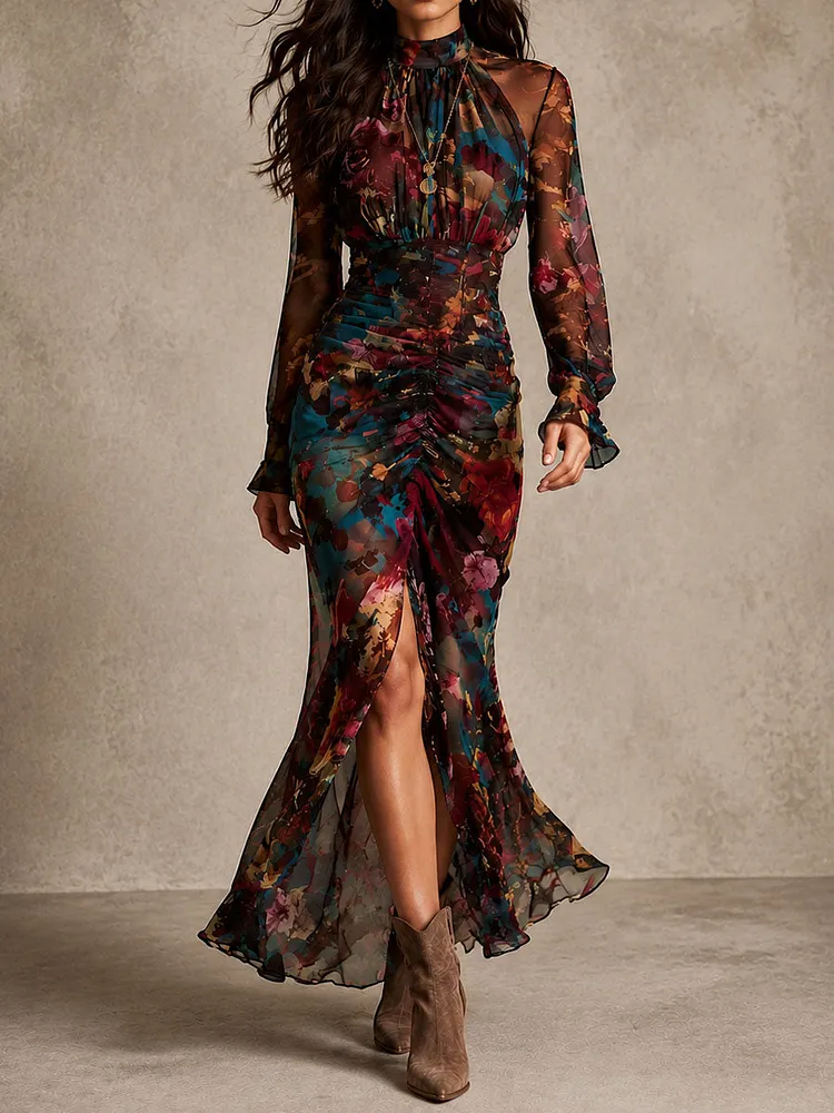 Vintage Floral Chiffon Mock Neck Ruched Slit Mermaid Maxi Dress
