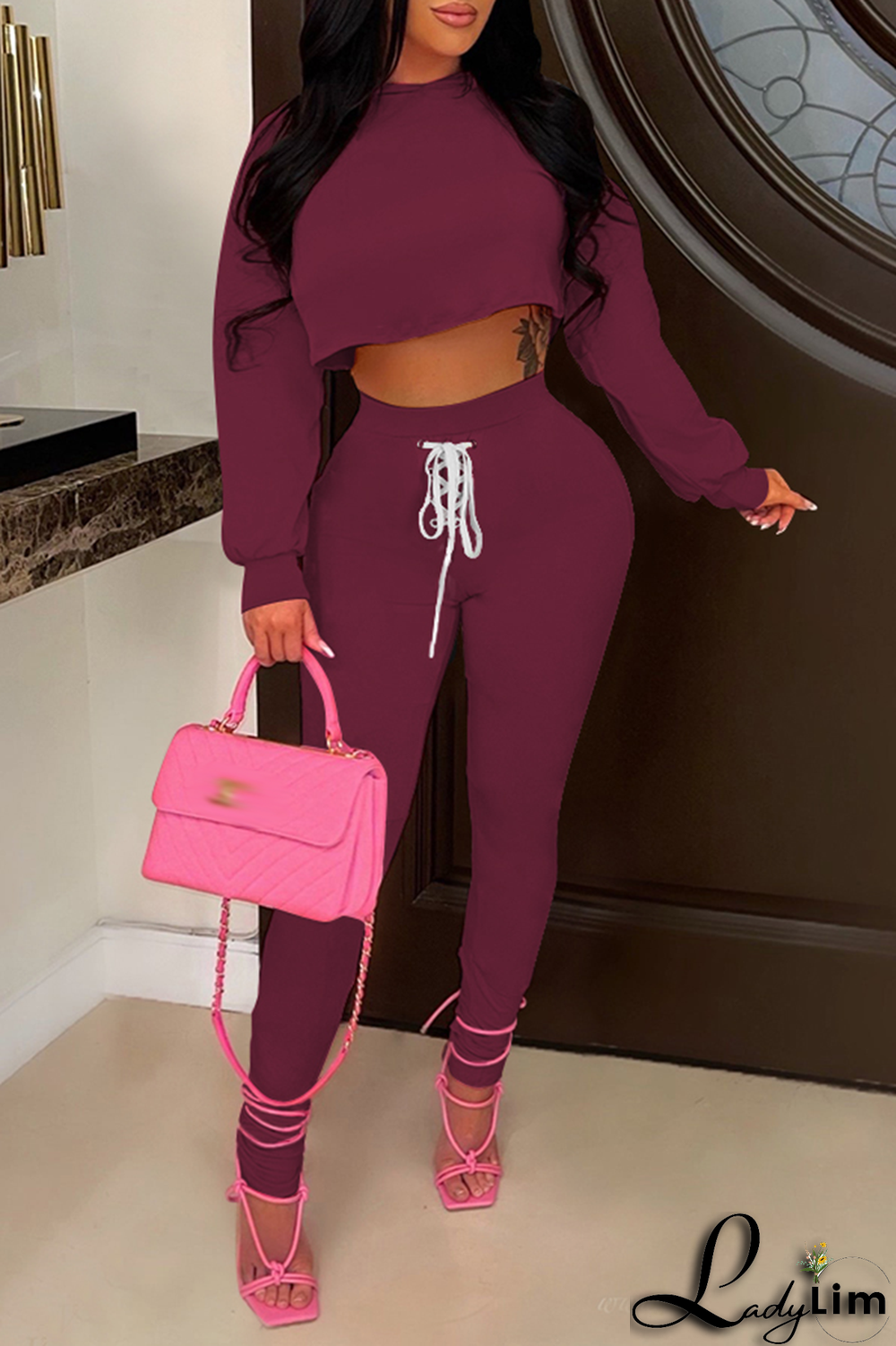 Black Casual Solid Draw String O Neck Long Sleeve Two Pieces