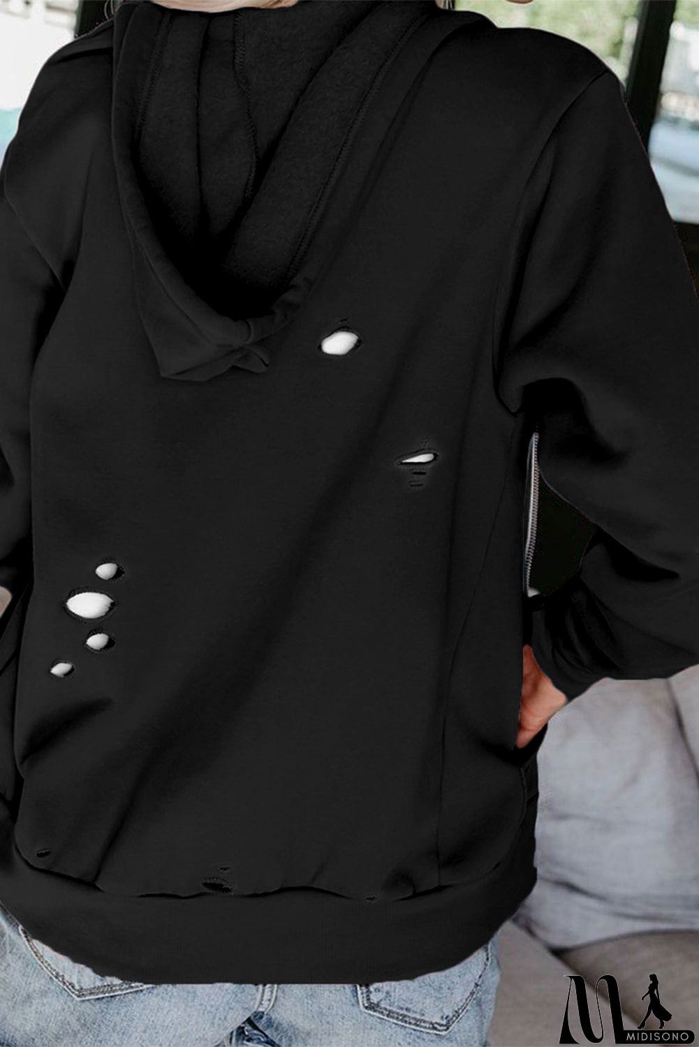 MidiSono - Ripped Zipper Pocket Hoodie