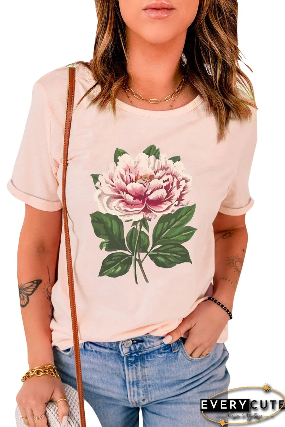Pink Flower Print Crewneck Short Sleeve Top