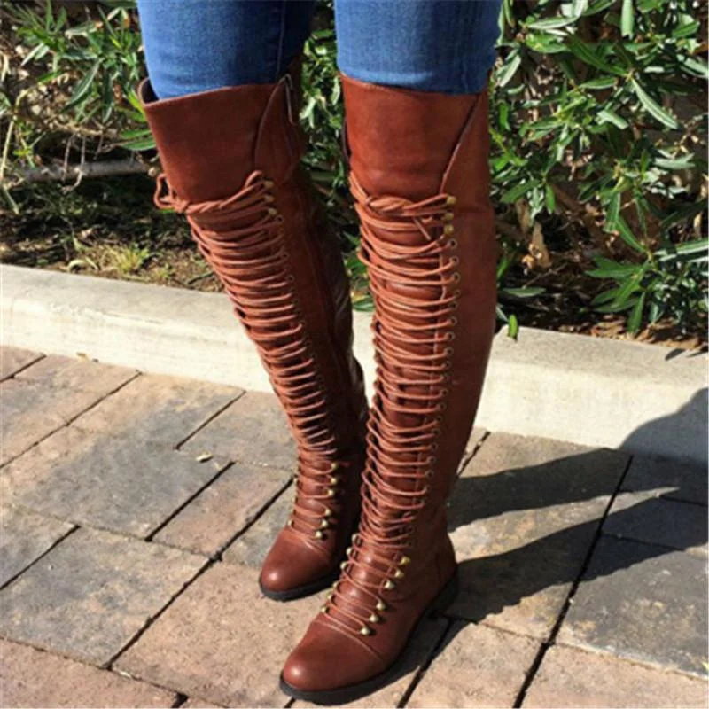 Over The Knee Combat Boots Thigh High Motorcycle Boots Lace Up Tall Boots For Women - vzzhome