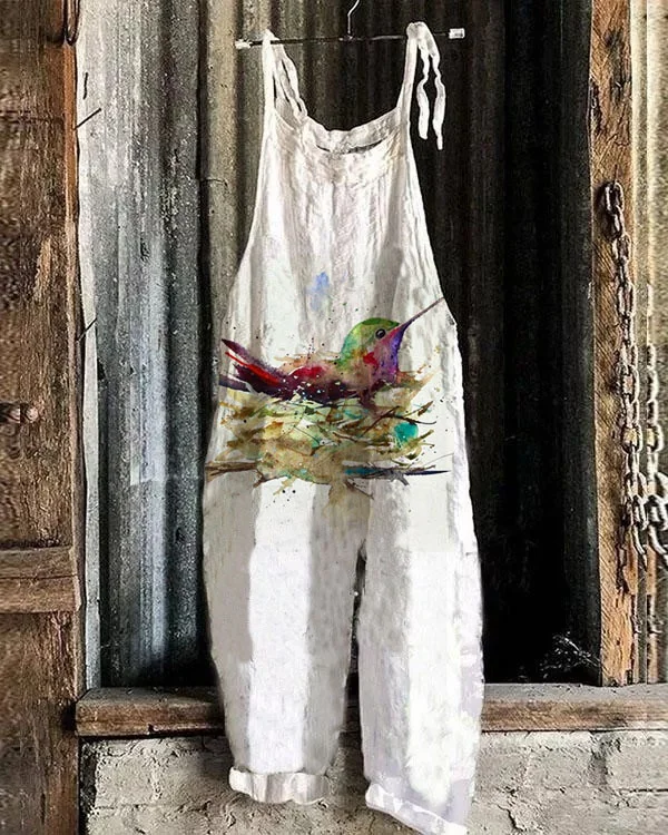 Women's Hummingbird  Pattern Loose Casual Jumpsuit