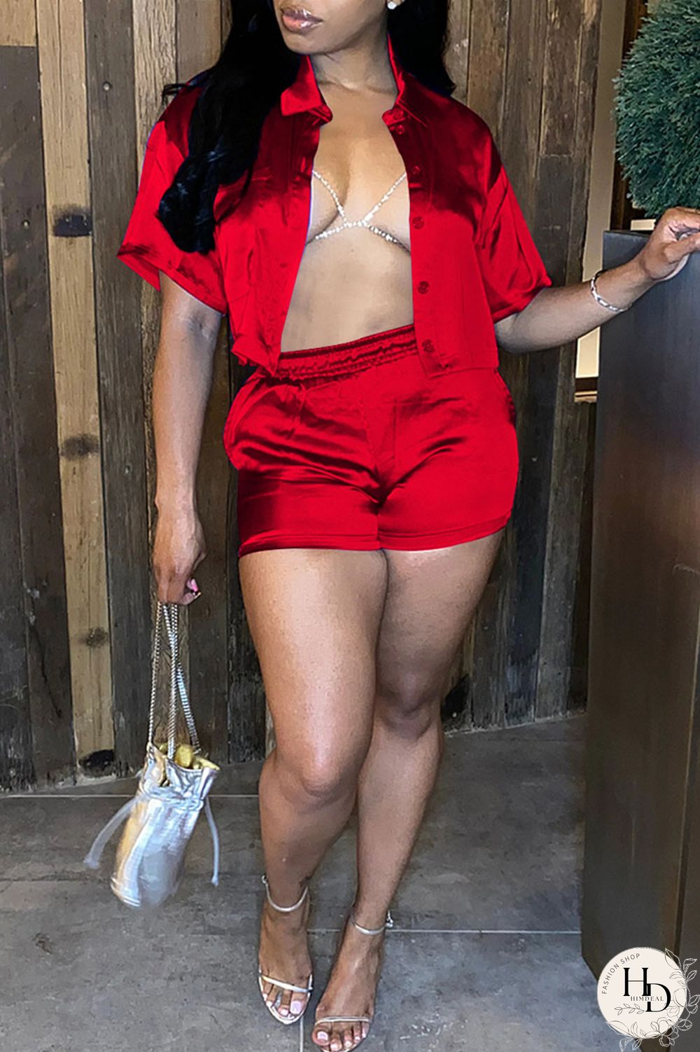 Rose Red Casual Solid Patchwork Buckle Turndown Collar Short Sleeve Two Pieces