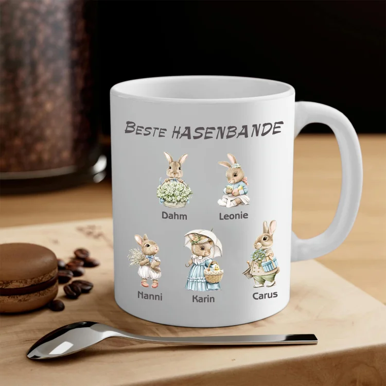 Kettenmachen Tasse-Personalisierte 5 Namen & Text Hase Ostern Becher