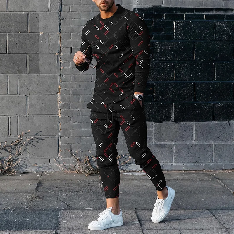 Fashion Men's Geometric Pattern Long Sleeve T-Shirt And Pants Co-Ord