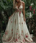 Women's Pink Rose Embroidery Art Suspender Maxi Dress - Image 5