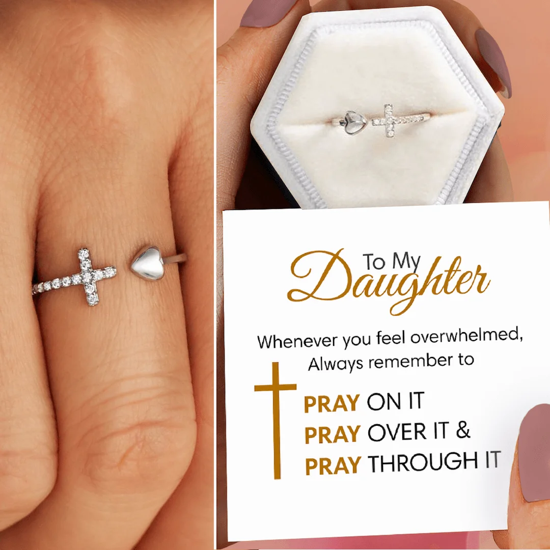 To My Daughter "Pray Through It" Heart and Cross Ring