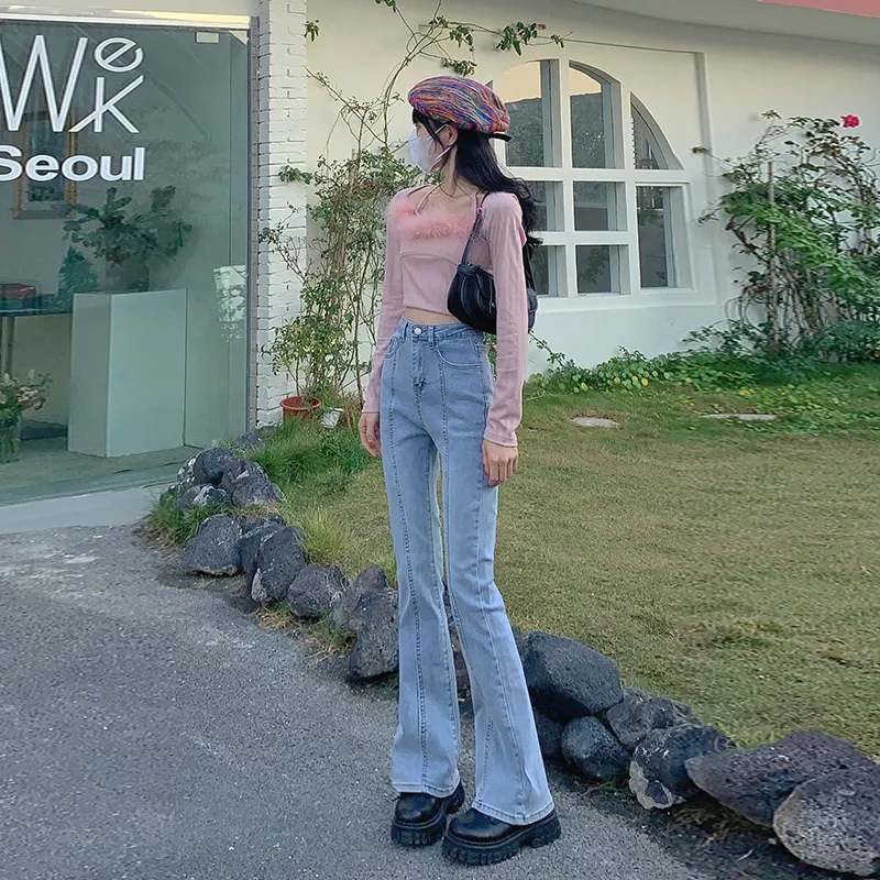 Light Blue Patchwork Flare Jeans female