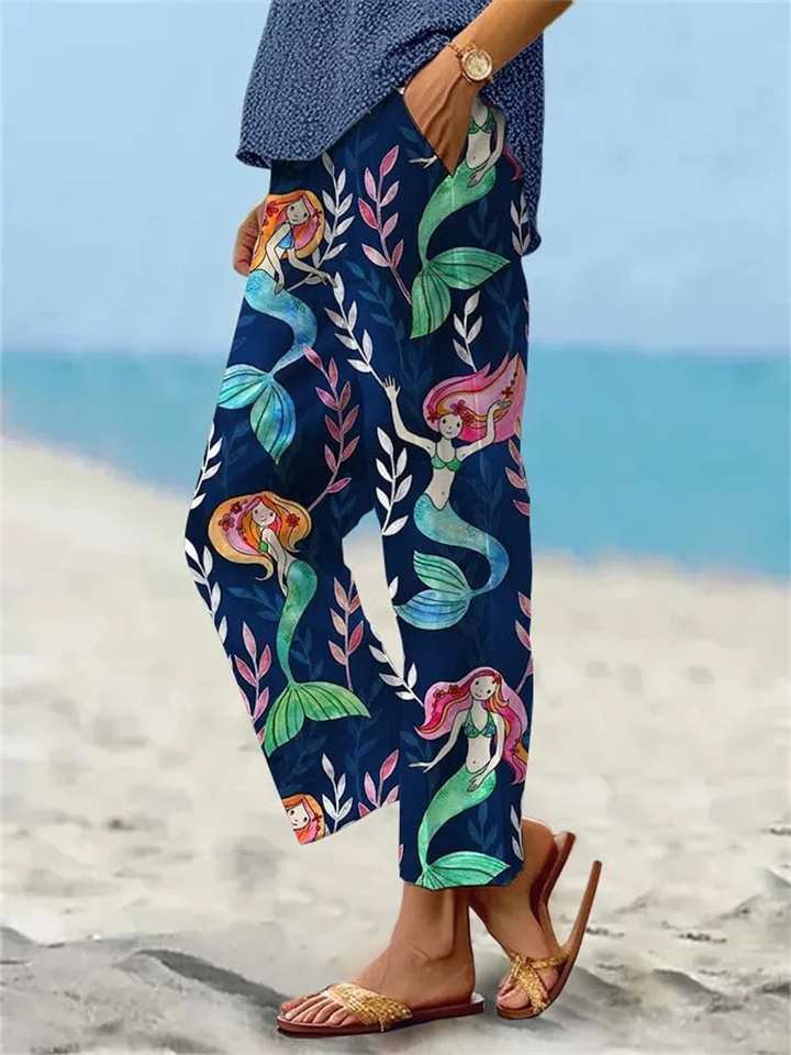 Women's New Cotton and Linen Printed Rolled Hem Casual Pants Printed Nine Minute Pants