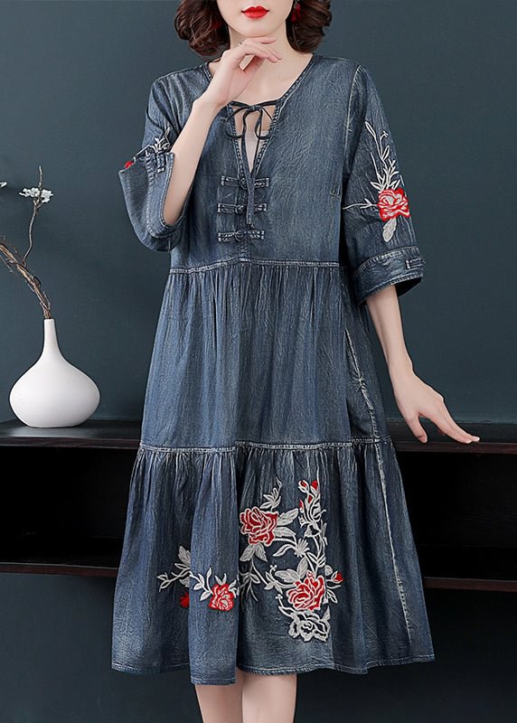Fashion Blue V Neck Embroideried Cotton Holiday Denim Dress Half Sleeve CK1507- Fabulory