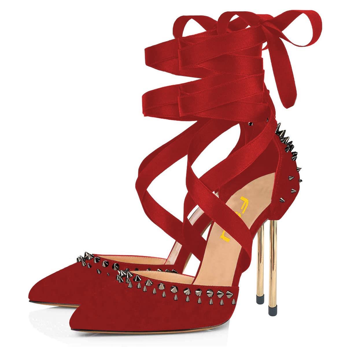 Women's Vegan Suede Pointed Toe Lace Up Pumps Heels with Rivets Nicepairs