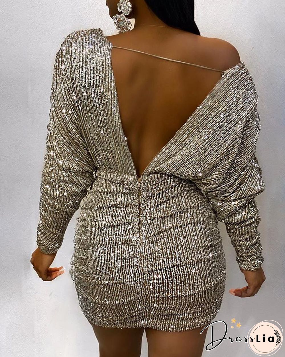 Ruched V-Neck Backless Bodycon Sequin Dress