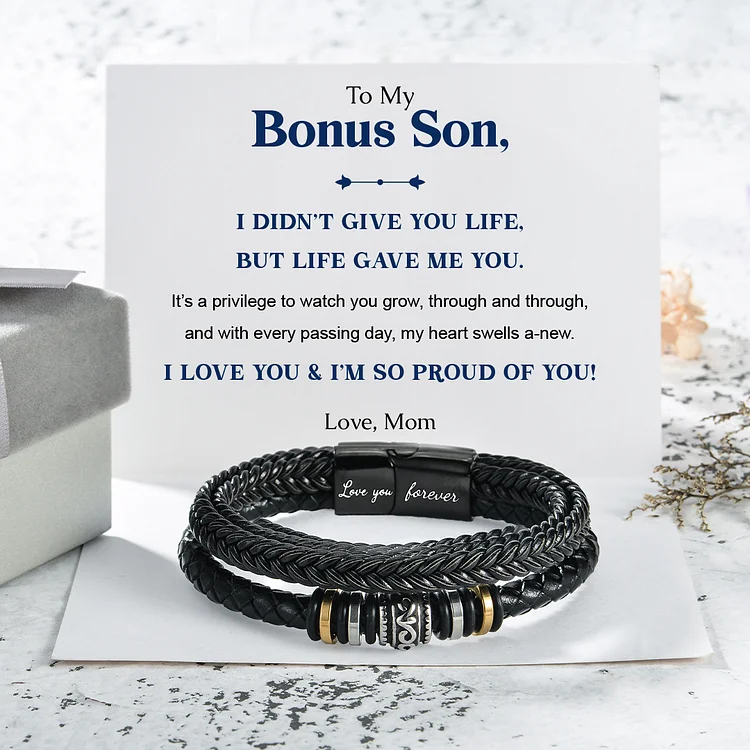 To My Bonus Son Braided Leather Bracelet "I'm So Proud of You"