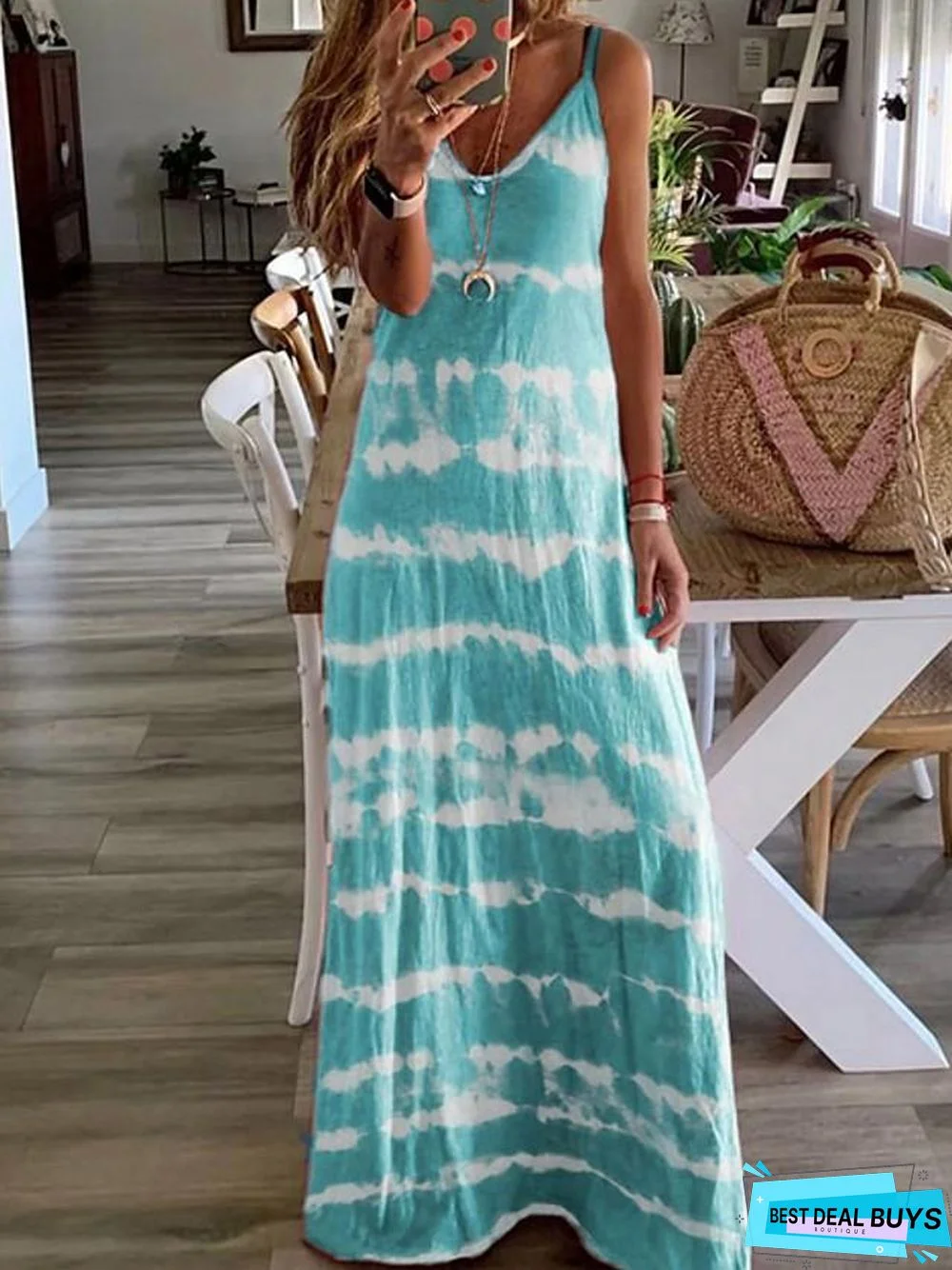 Women's Strap Dress Maxi Long Dress - Sleeveless Tie Dye Summer Hot Casual Beach Blue Purple Blushing Pink Wine Khaki Gray Light Blue