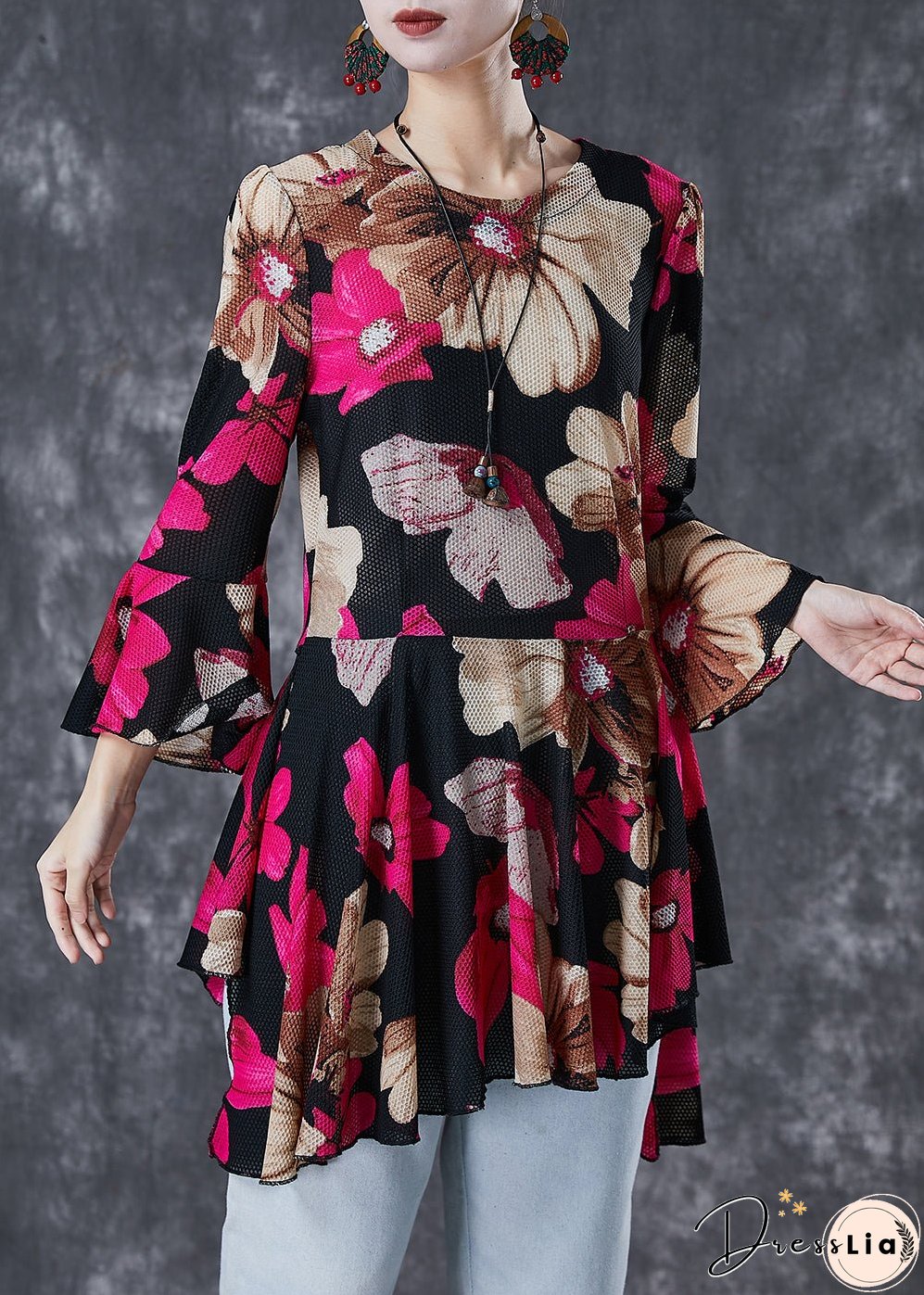 Stylish Red Print Asymmetrical Design Tulle Blouses Flare Sleeve