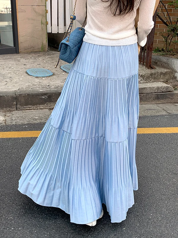 Pleated Solid Color Split-Joint A-Line High Waisted Skirts Bottoms