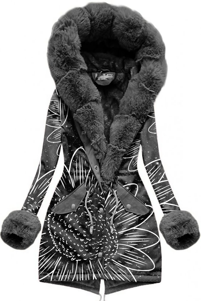 Women's Sunflower Print Fur Collar Jacket