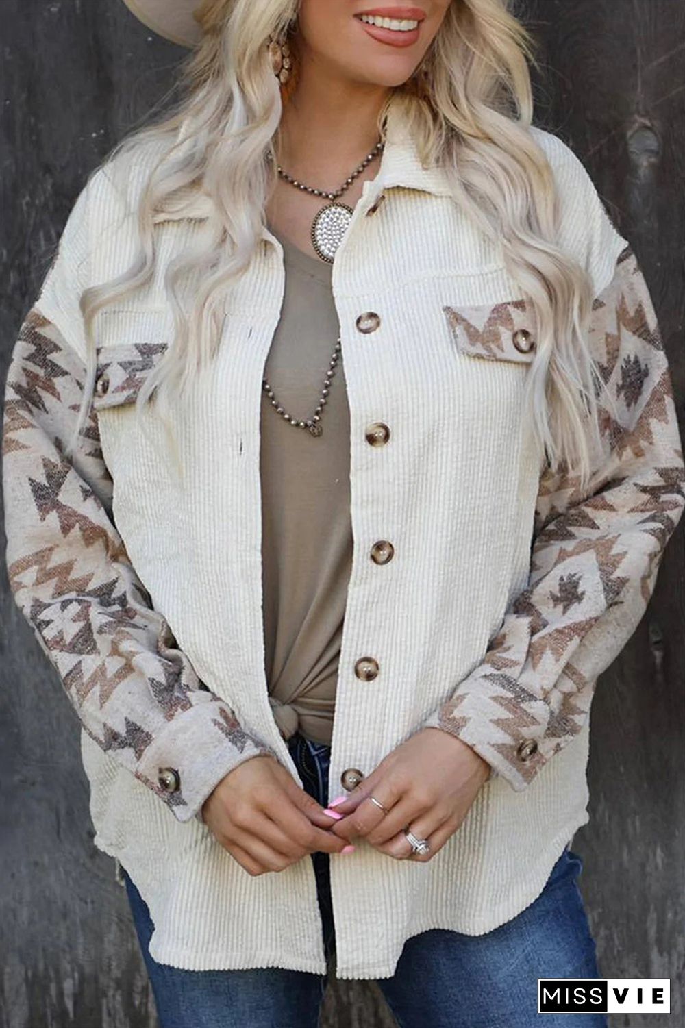 Street Geometric Patchwork Turndown Collar Tops