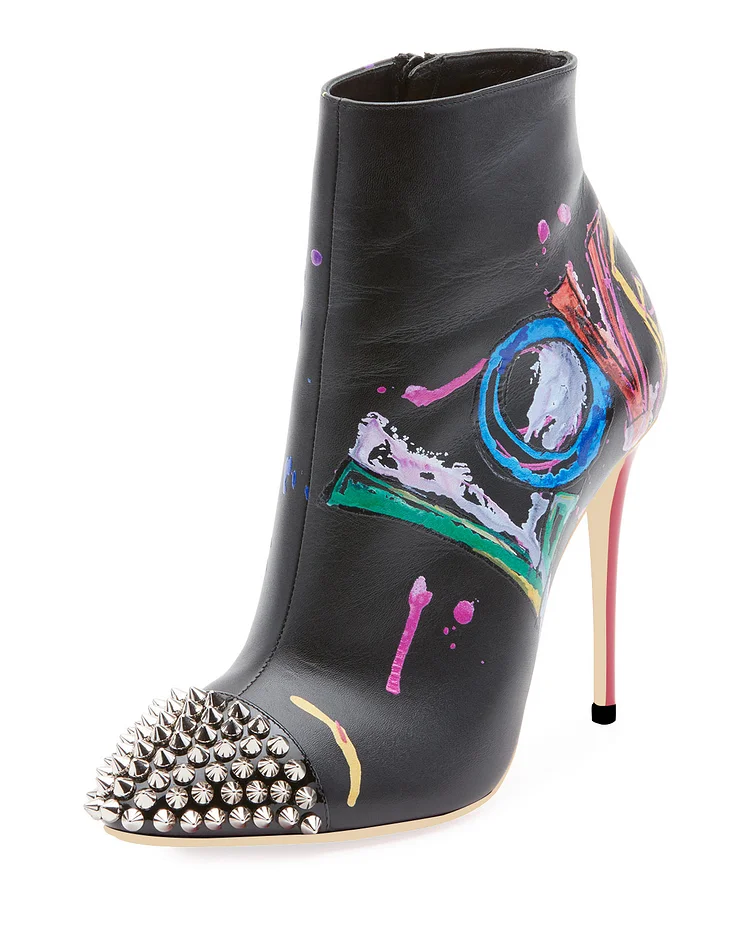 Black Colorful Doodles Rivets Stiletto Heel Ankle Boots |FSJ Shoes