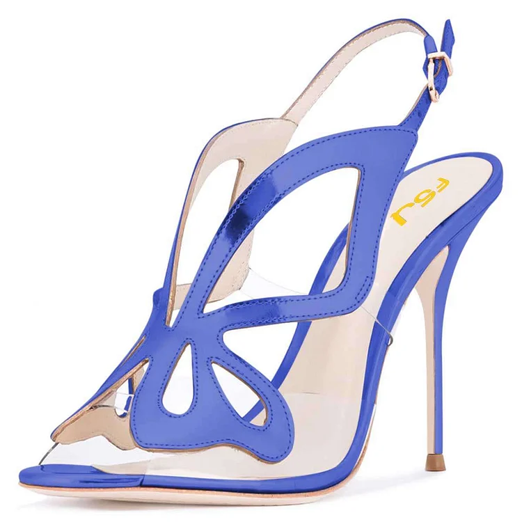 Blue Hollow Out transparent PVC Slingback Heels Sandals |FSJ Shoes