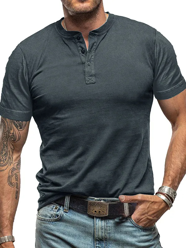 Men's Basic Cotton Stretch Basic Casual Henley Top PLUSCLOTHESMAN