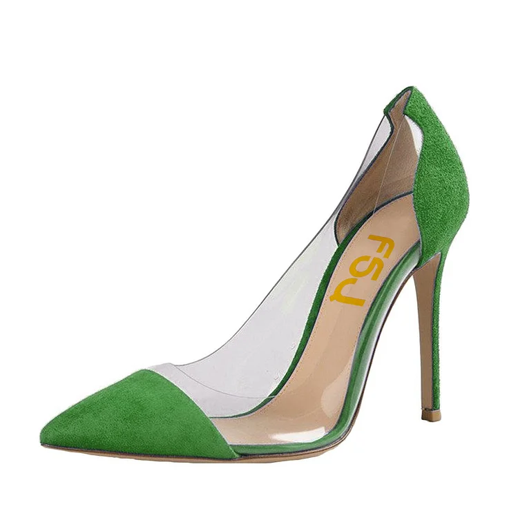 Women's 4 Inch Heels Green Pointed Toe Clear Heels Stiletto Heel Pumps |FSJ Shoes
