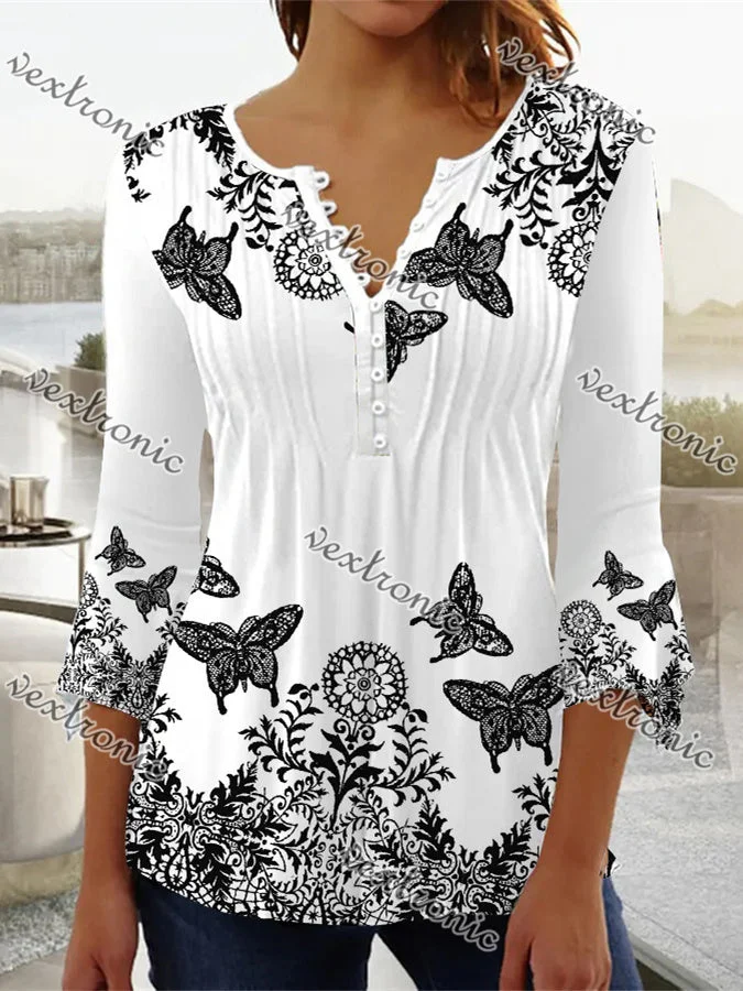 Women's Black and White Long Sleeve V-neck Graphic Floral Printed Top