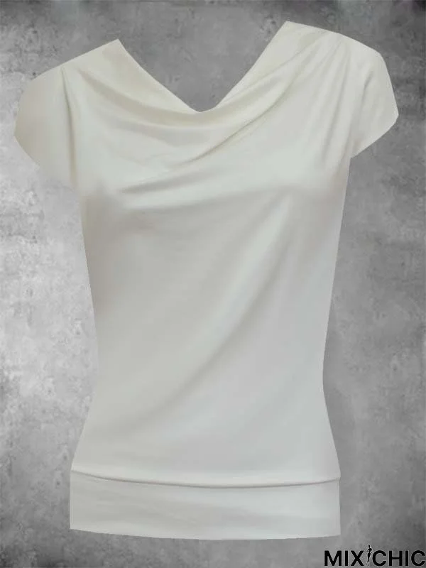 Short Sleeve Solid Cowl Neck Cotton-Blend T-shirt