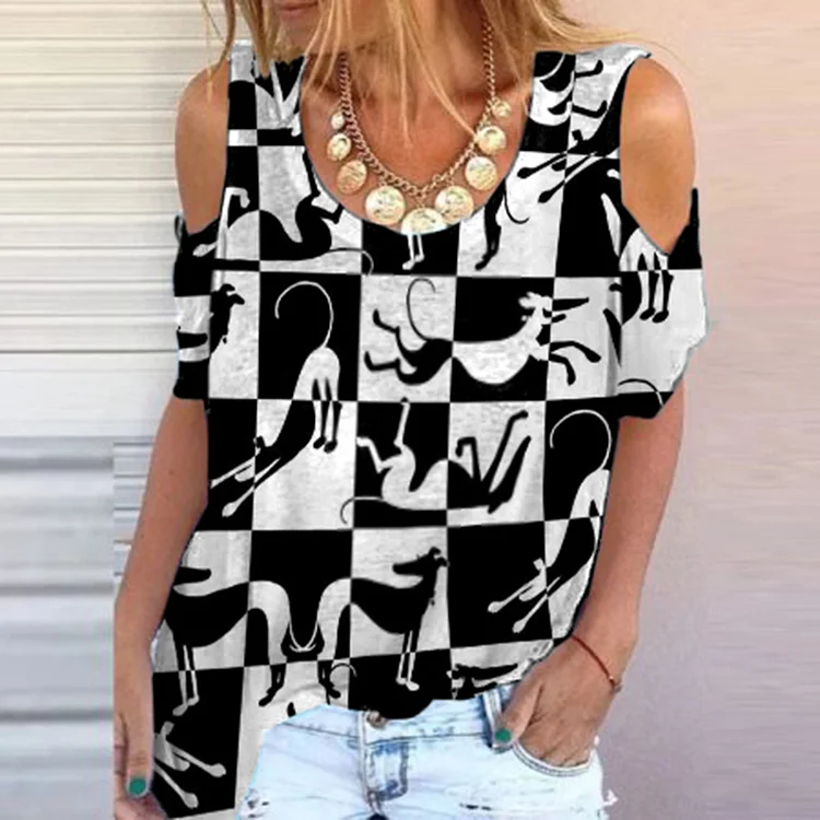 Check Puppy Print Off-The-Shoulder T-Shirt