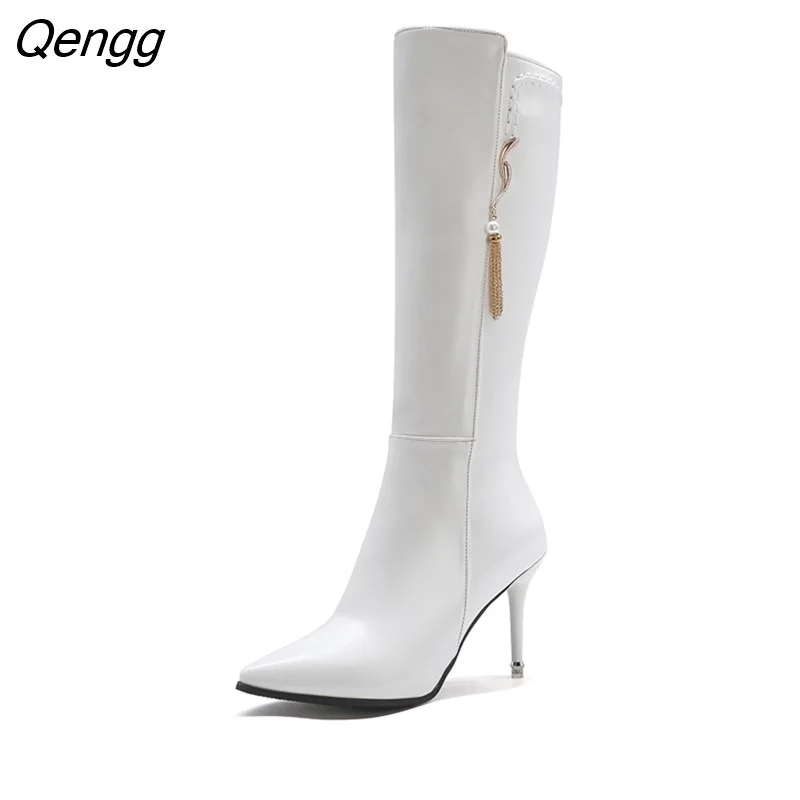 Qengg White Sexy Pointed Toe Knee High Boots Women High Heels Boots Ladies Spring Autumn Long Boots Botas Invierno Mujer