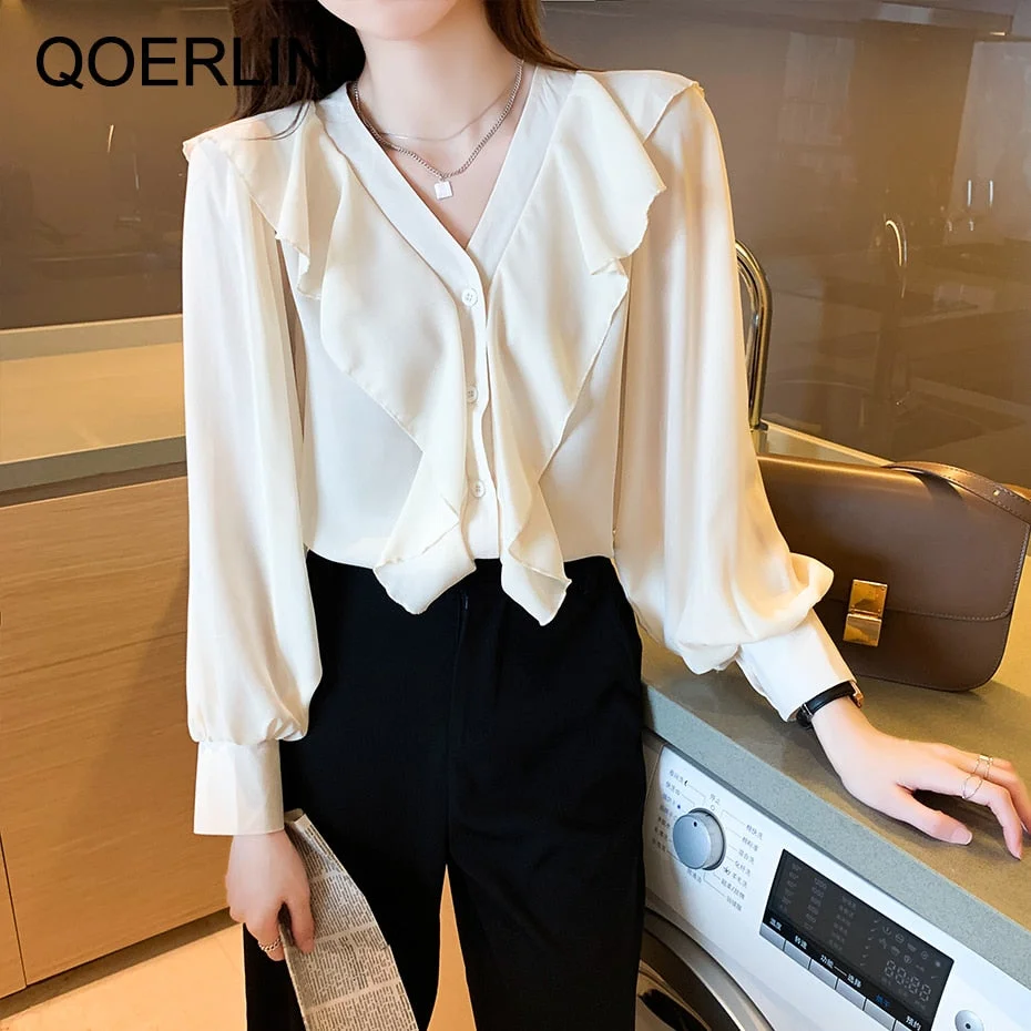 QoerliN Apricot Elegant Blouse Women Auutmn Spring New Long Sleeve Ruffles Chic Solid Lantern Sleeve Tops Blouse Lining Shirts