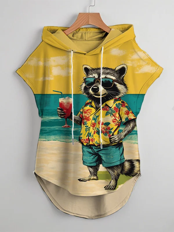 Men's Vacation Art Seaside Raccoon Cocktail Print Hooded Tank Top