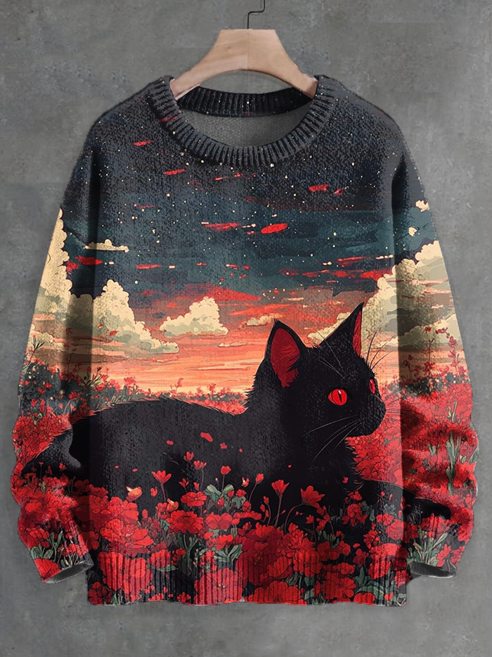 Men's Black Cat In The Flowers Sunset View Art Print Knit Sweatshirt