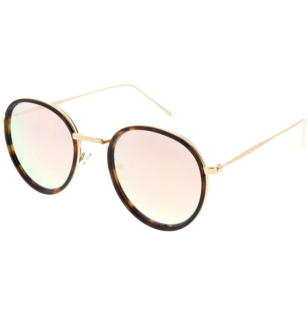 Modern Round glasses Engraved Slim Metal Arms  Color Mirrored Flat Lens 51mm