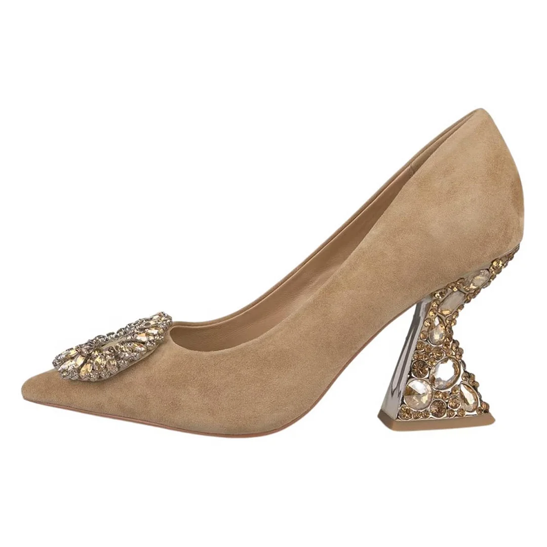 Faux Suede Pointed Toe Rhinestone Embellished Elegant Pumps in Beige