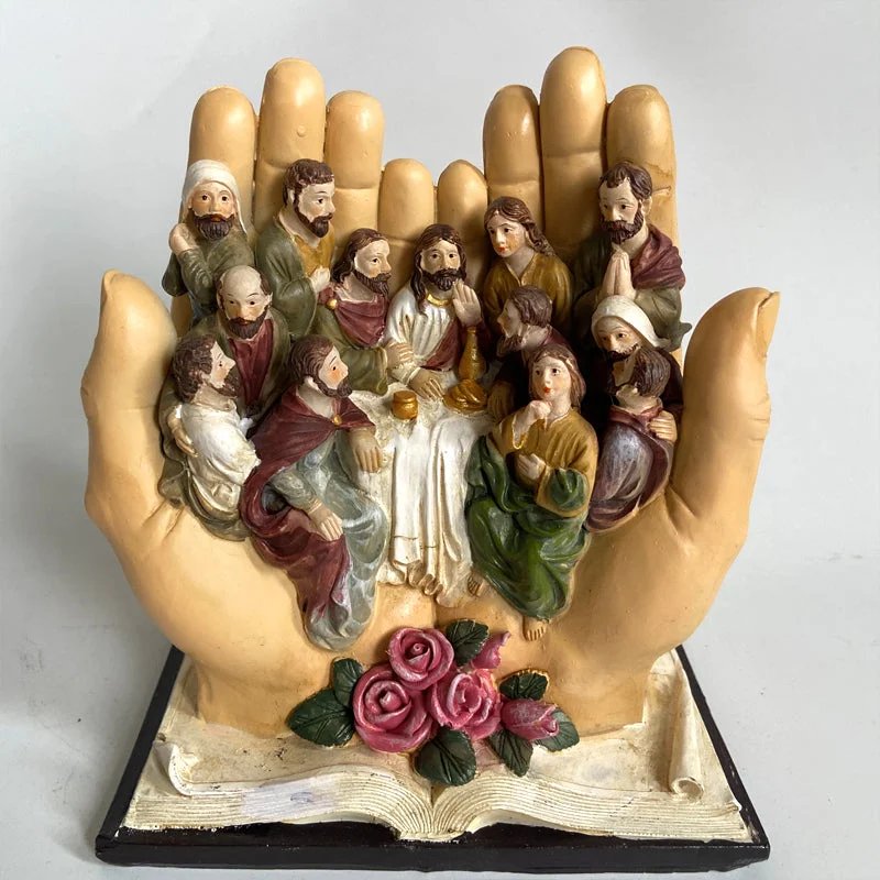 Beautiful Last Supper Praying Hands on Bible Statue