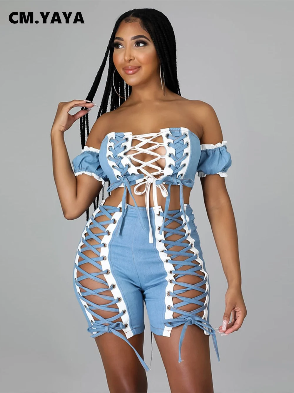 CM.YAYA Elegant Lace Up Hollow Out Two 2 Piece Set Outfits for Women 2022 Summer Off Shoulder Crop Tops and Shorts Matching Set