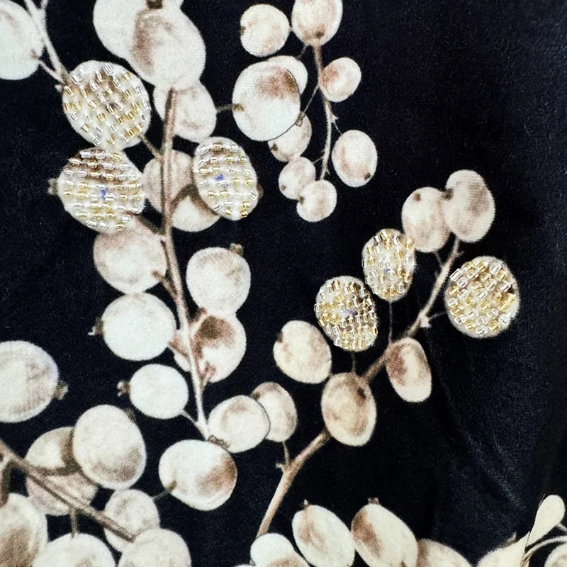 Nigikala Nigikala Star Autumn And Winter New Heavy Industry Nail Pearl Gallon Fruit Printing Gold Velvet Long Sleeve Dress