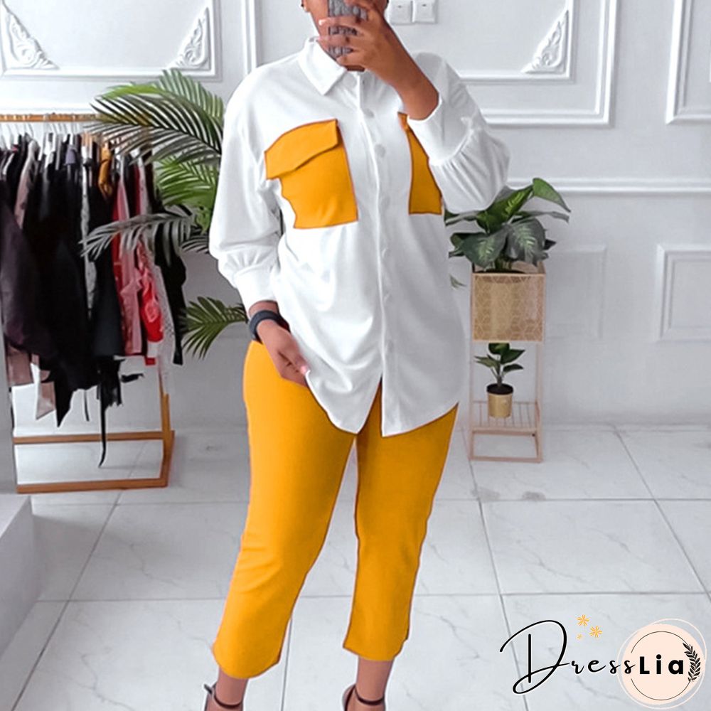 Fashion Contrasting Colors Patchwork Set 2pc Set Autumn Lapel Button Shirts & Slim Long Pants Suit New Casual Office Long Sleeve