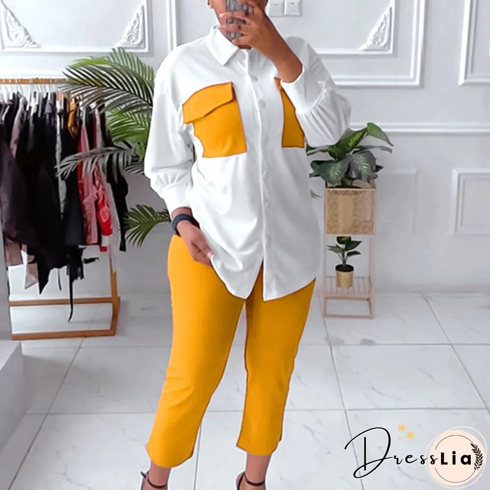 Fashion Contrasting Colors Patchwork Set 2pc Set Autumn Lapel Button Shirts & Slim Long Pants Suit New Casual Office Long Sleeve