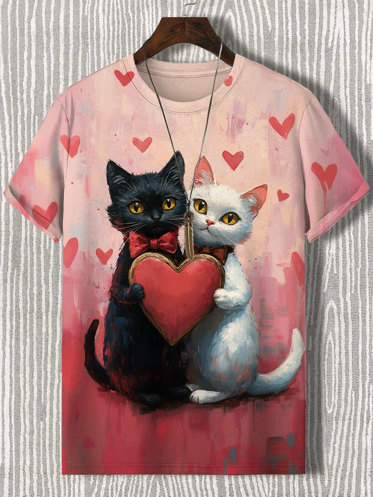 Men's Black Cat And White Cat In Love Art Print T-Shirt