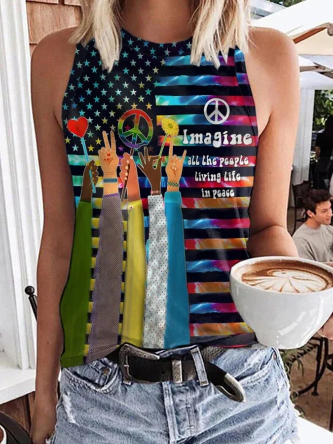 Hippie Imagine All The People Living Life In Peace Print Tank Top