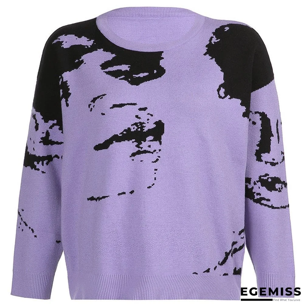 Portrait Printed Contrast Round Neck Loose Sweater | EGEMISS