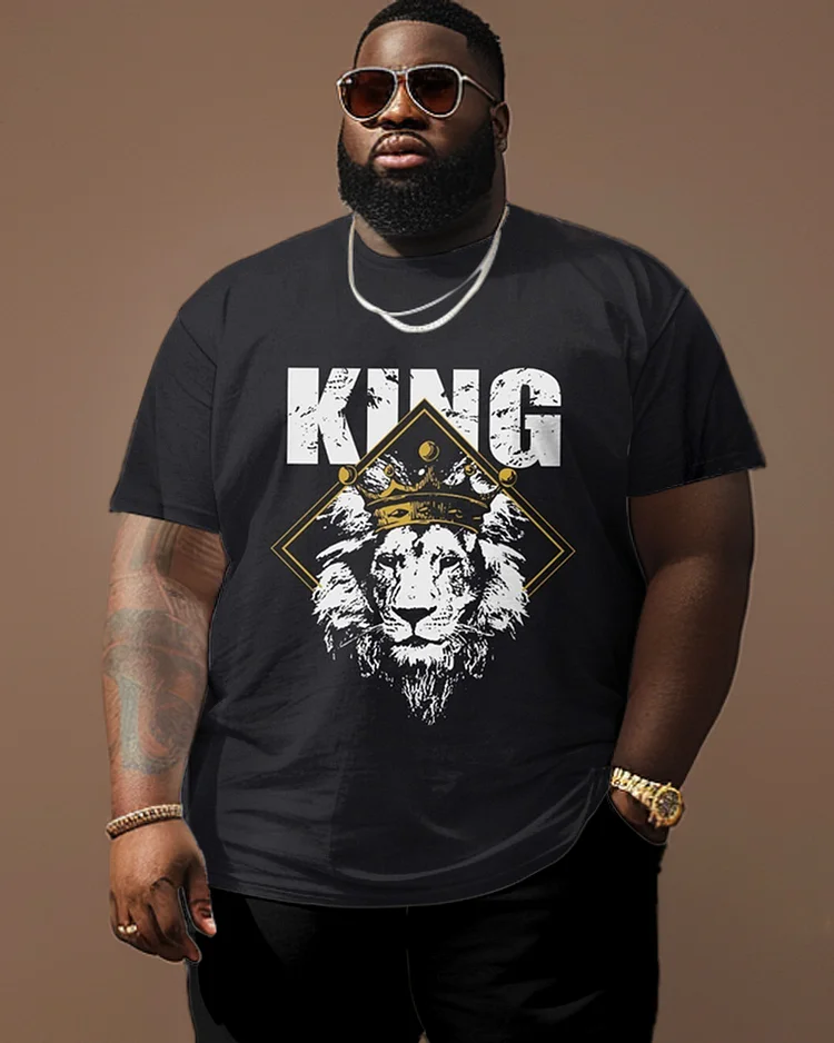 Men's Plus Size Letter KING With Crown Lion Crewneck T-shirt