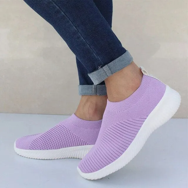 Plus Size 35-43 Women Mesh Flat Sneakers Autumn Female Vulcanized Knitting Shoes Ladies Slip On Breathable Casual Loafers