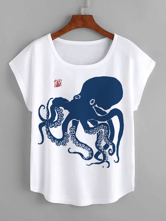 Women's Octopus Retro Art Printed Short Sleeve T-Shirt