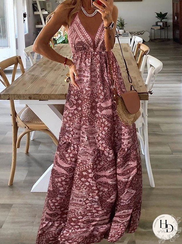 Casual Dress Tank Dress Summer Dress Graphic Pleated Print V Neck Long Dress Maxi Dress Tropical Streetwear Outdoor Holiday Sleeveless Regular Fit Pink Wine Red Summer S M L XL 2XL for Women