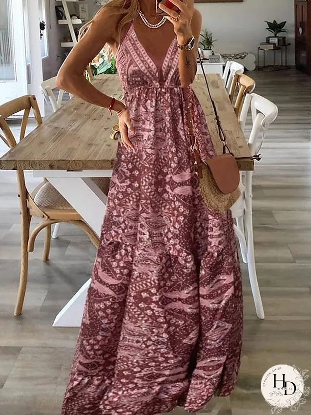 Casual Dress Tank Dress Summer Dress Graphic Pleated Print V Neck Long Dress Maxi Dress Tropical Streetwear Outdoor Holiday Sleeveless Regular Fit Pink Wine Red Summer S M L XL 2XL for Women