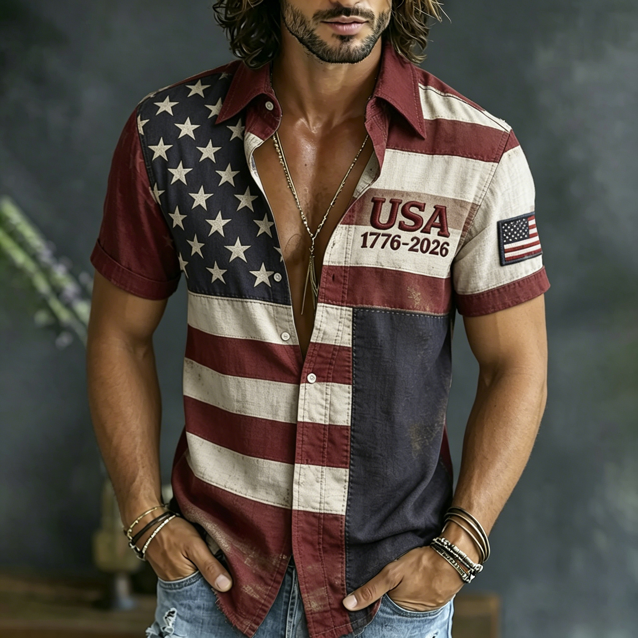  Men's Vintage Flag Art Patchwork Linen Blend Short Sleeve Shirt Westsshops