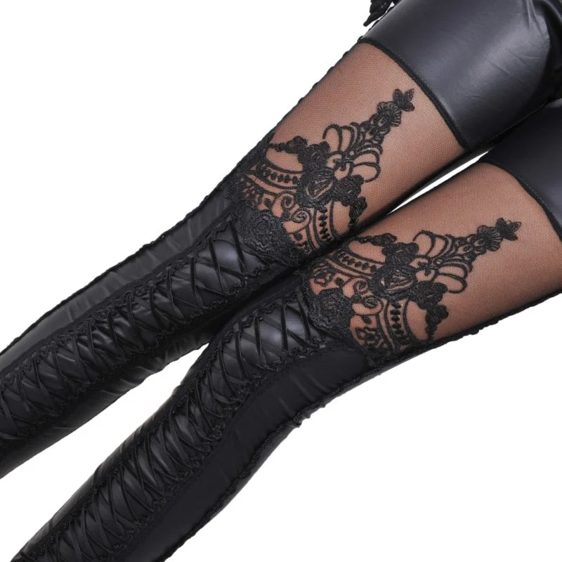 Black Punk Stitching Lace Stretch Skinny Faux Leather Leggings Pants SP16831